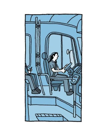 Illustration of a woman driving a public bus, with a partially visible passenger, rendered in a limited blue palette.