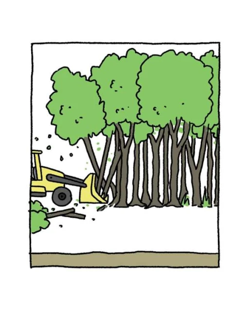 Cartoon illustration of a yellow bulldozer clearing trees in a forest, depicted in a simple, line-art style with bright green foliage.