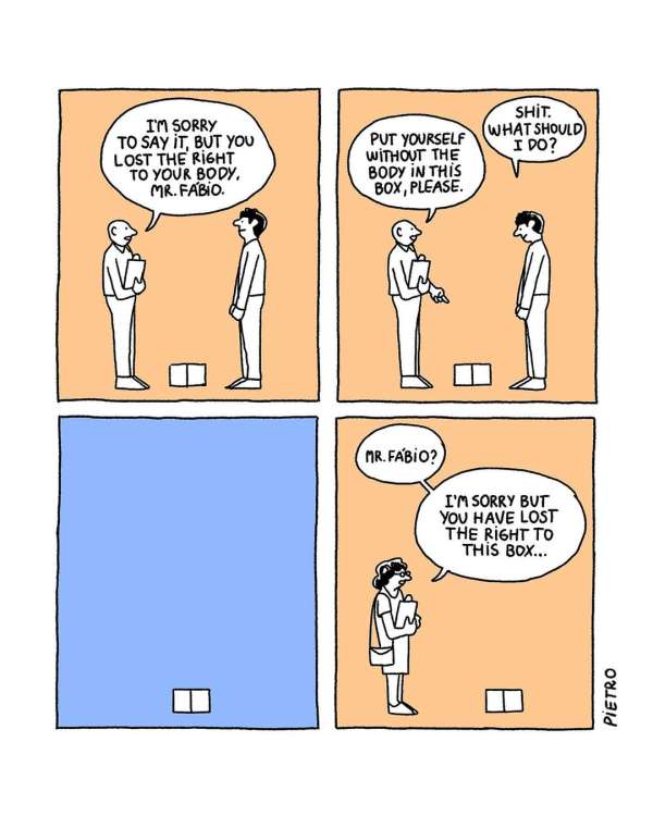 Cartoon comic strip with four panels showing people interacting with a box and humorous dialogue about the right to their body.
