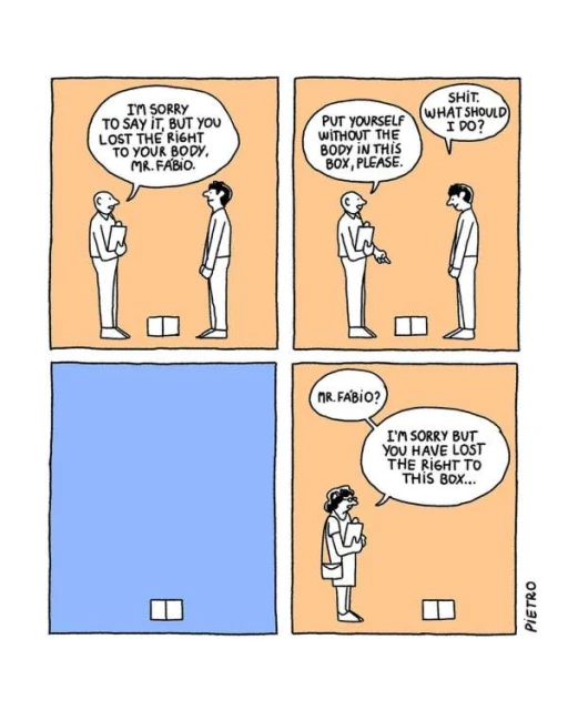 Cartoon comic strip with four panels showing people interacting with a box and humorous dialogue about the right to their body.