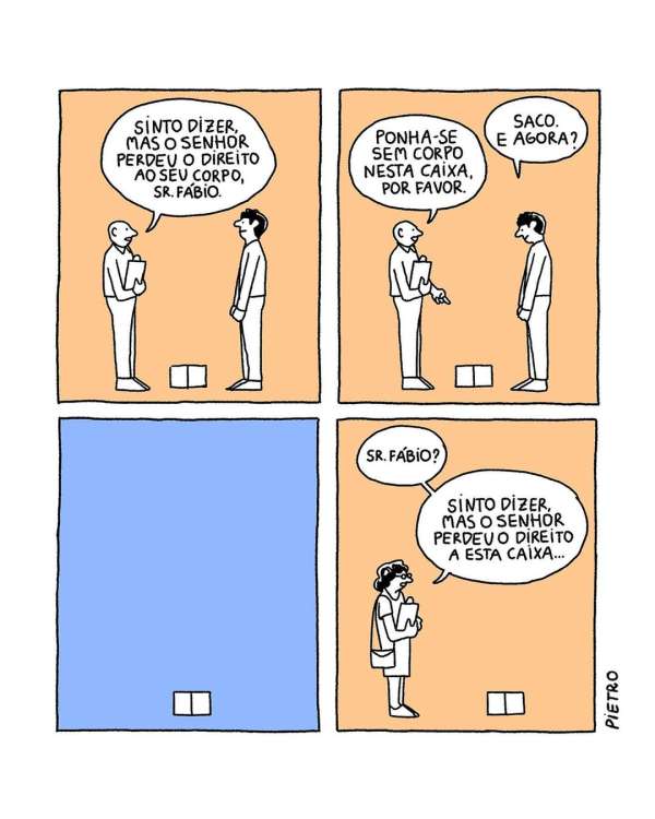 Four-panel comic featuring two men and one woman in discussion with speech bubbles, set against a peach and blue backdrop.