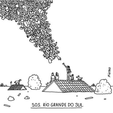 Illustration of a group of people on rooftops reaching up to a swarm of people and belongings in the sky. Text reads: S.O.S. RIO GRANDE DO SUL