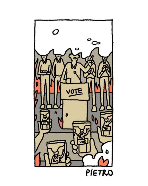 Illustration shows a politician at a podium addressing a crowd, with people holding up phones to record, in a cartoon style.
