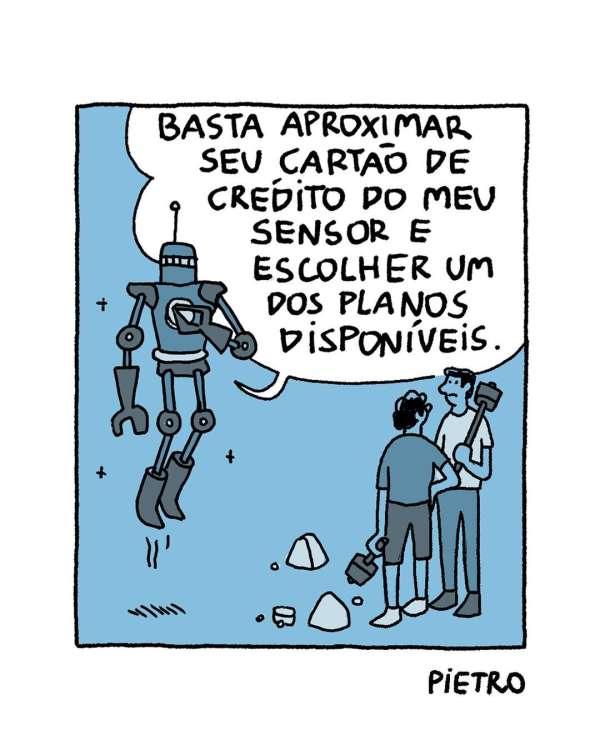 Illustration of a robot offering service plans to two men, presented as a cartoon with speech bubble and simplified human figures.