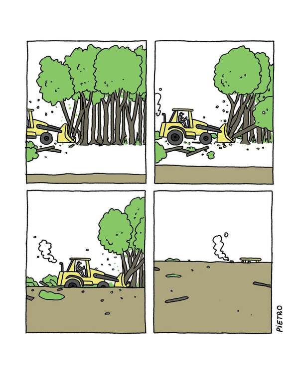 Illustration shows a bulldozer clearing a forest in four panels, from a lush woods to a barren landscape, in cartoon style.