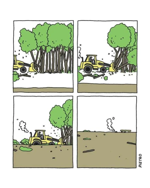 Illustration shows a bulldozer clearing a forest in four panels, from a lush woods to a barren landscape, in cartoon style.