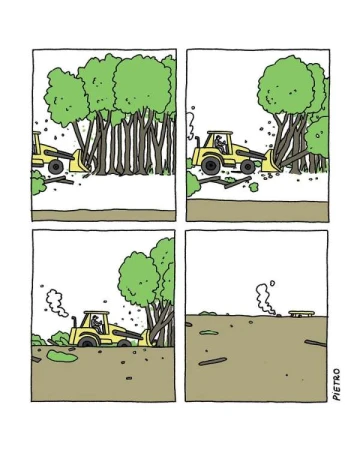 Illustration shows a bulldozer clearing a forest in four panels, from a lush woods to a barren landscape, in cartoon style.