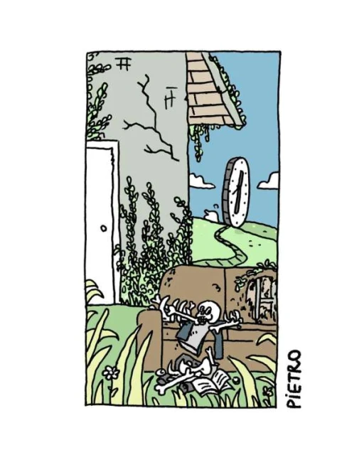 Whimsical cartoon illustration featuring a skeleton figure, overgrown buildings, and a large clock, set against a white background.