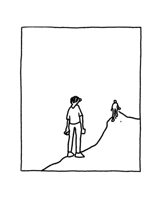 Black-and-white sketch illustration of two figures hiking on a mountain trail; one in the foreground and the other is farther away.
