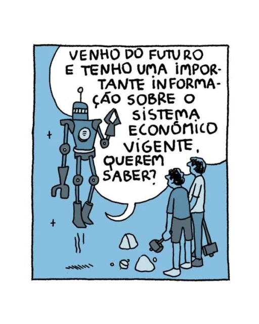 Illustration of a cartoon robot levitating in front of two boys, with a speech bubble containing the text: 'VENHO DO FUTURO...'