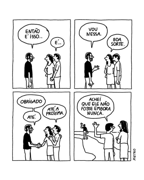 Comic illustration shows four panels with three figures: a man, a woman, and another man having a conversation and parting ways.