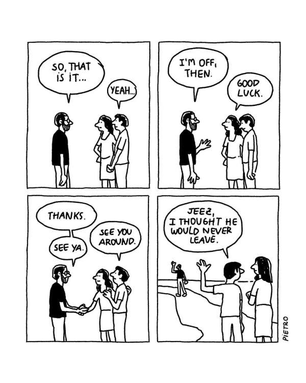 Four-panel comic strip depicts three people in conversation in a minimalist cartoon style with speech bubbles on white background.