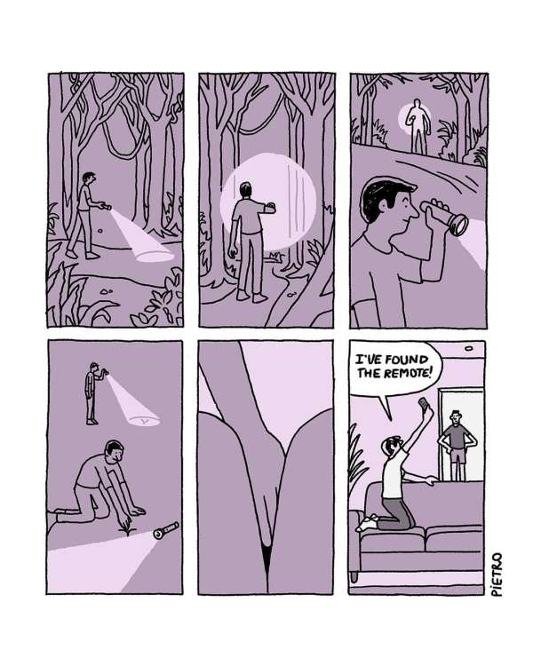 Comic strip panel showing a man searching in a forest with a flashlight, then at home finding a TV remote between the couch cushions.