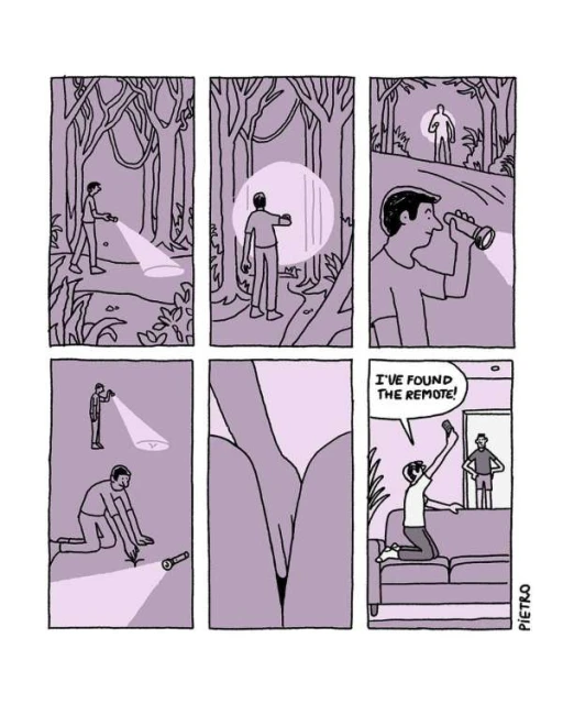 Comic strip panel showing a man searching in a forest with a flashlight, then at home finding a TV remote between the couch cushions.