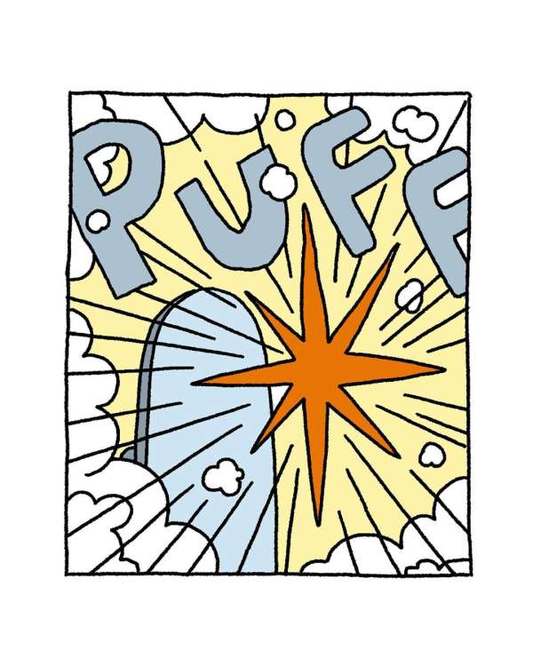 Whimsical cartoon illustration of the word 'PUFF' with a central burst and graphic clouds in a square frame with black outlines.