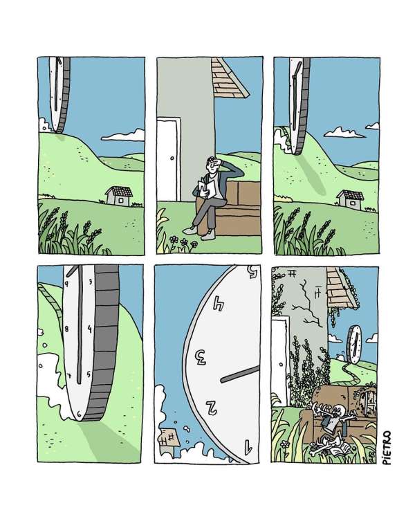 Illustrated panels show a man on a bench next to a large clock face, with a house and grassy fields, conveying a passage of time.