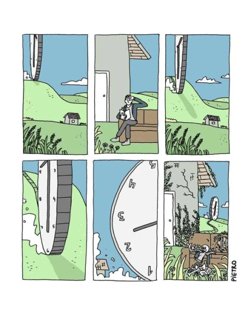 Illustrated panels show a man on a bench next to a large clock face, with a house and grassy fields, conveying a passage of time.