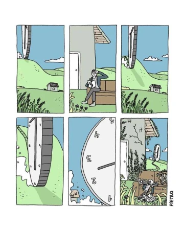 Illustrated panels show a man on a bench next to a large clock face, with a house and grassy fields, conveying a passage of time.
