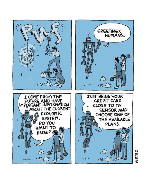 Comic strip featuring humans and a robot in four panels, discussing the future, the economy, and a credit card. Illustration.