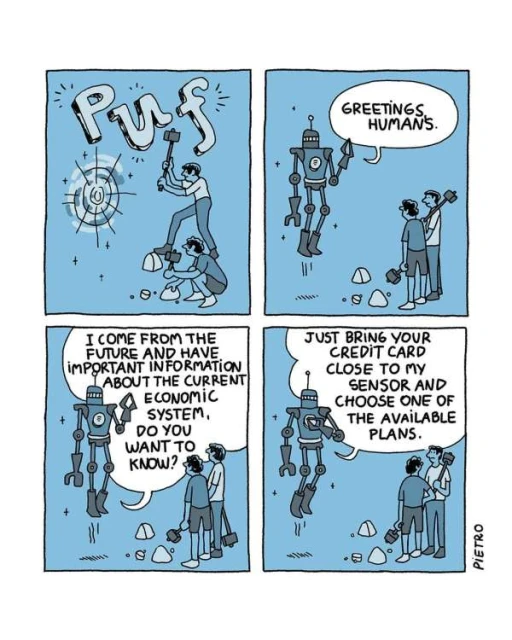 Comic strip featuring humans and a robot in four panels, discussing the future, the economy, and a credit card. Illustration.