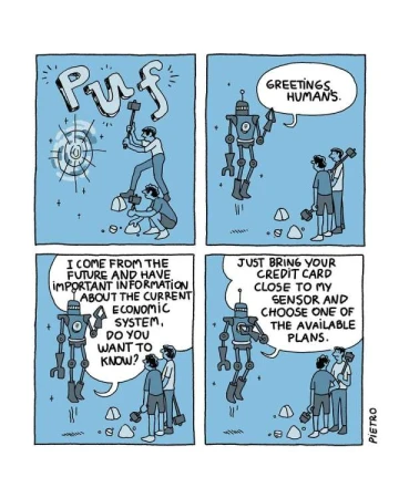 Comic strip featuring humans and a robot in four panels, discussing the future, the economy, and a credit card. Illustration.