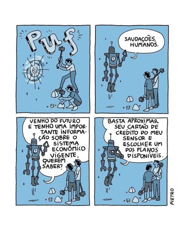 Comic strip panels featuring two people interacting with a robot, presented in a simple, cartoon style with blue tones and speech bubbles.