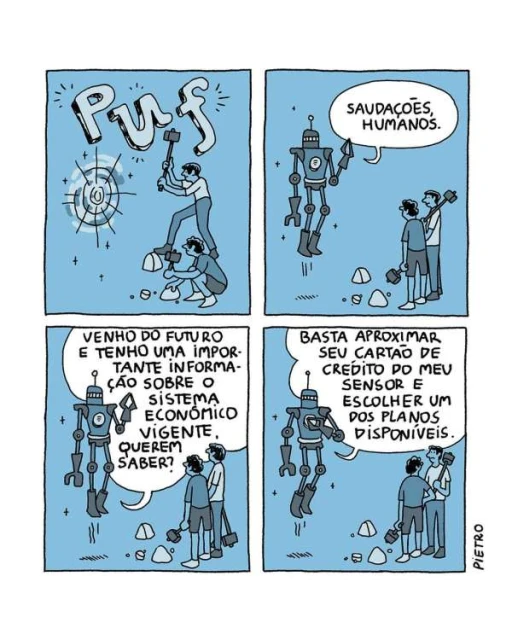 Comic strip panels featuring two people interacting with a robot, presented in a simple, cartoon style with blue tones and speech bubbles.
