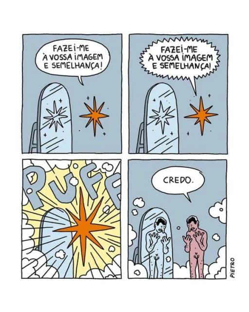 Comic strip illustration in four panels shows a mirror transforming a person into a new form, with speech bubbles and text.