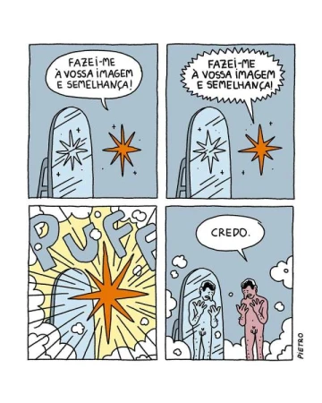 Comic strip illustration in four panels shows a mirror transforming a person into a new form, with speech bubbles and text.