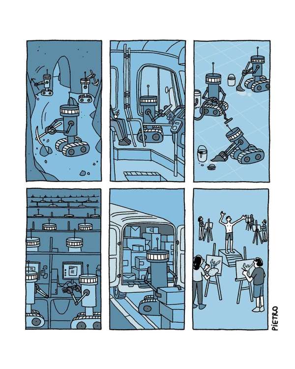 Illustration showing robots in various scenarios: mining, driving a bus, painting, assembling, transporting boxes, and being painted by artists.