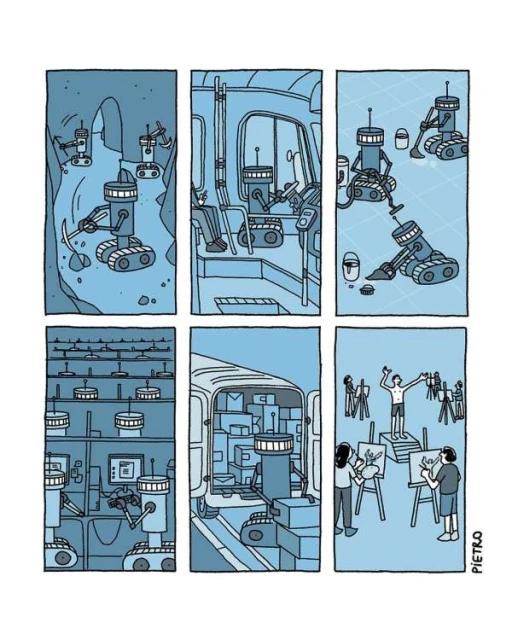 Illustration showing robots in various scenarios: mining, driving a bus, painting, assembling, transporting boxes, and being painted by artists.