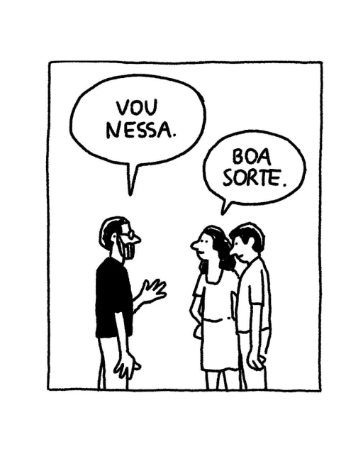 Illustration of three people in conversation; one bearded man says goodbye to a woman and man, all outlined in black and white.