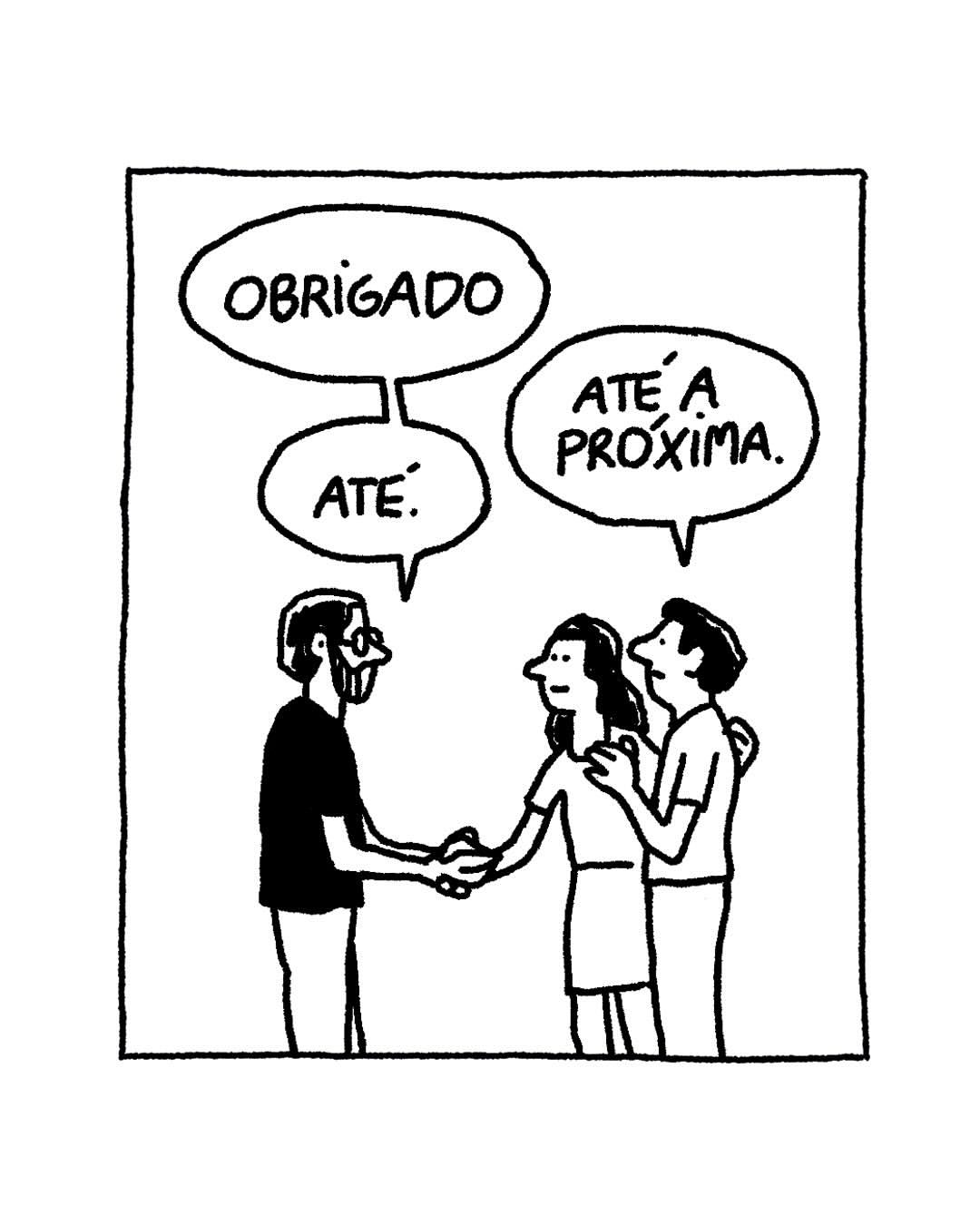 Cartoon illustration shows three people shaking hands and talking in black-and-white line art against a plain background.