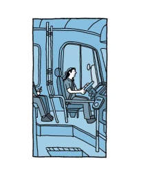 Illustrated vertical scene of a bus driver holding a steering wheel inside a vehicle cabin, drawn in blue tones with black outlines by Pietro Soldi.