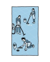 Illustrated vertical scene of three people cleaning a blue tiled floor with a vacuum, mop, and bucket.