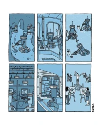 Comic strip illustration by Pietro Soldi featuring six panels with blue-toned robot and human characters engaged in various activities.