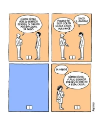 Four-panel comic illustration by Pietro Soldi showing a man losing his body and standing in front of a small box.