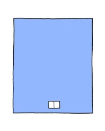 Minimalist blue rectangular illustration with thick black outline and small white square at the bottom center
