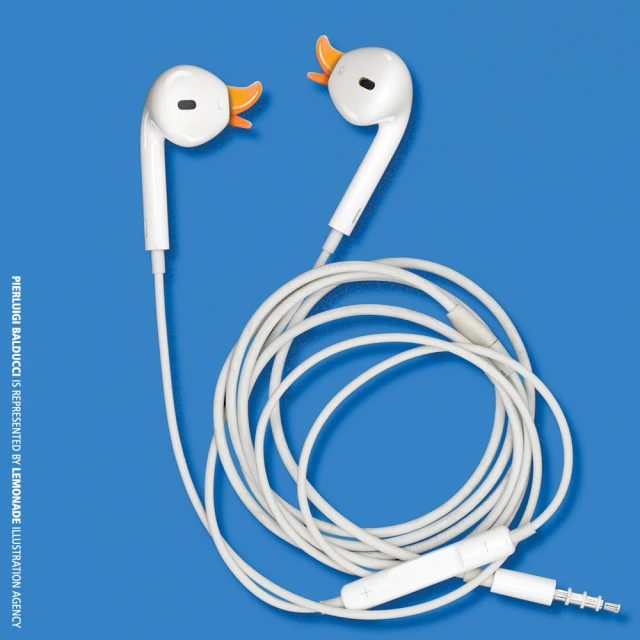 White earphones with orange duck bill accessories, coiled cord, and in-line microphone set against a bright blue background.