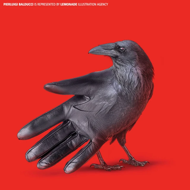 Surreal image featuring a crow's body combined with a black leather glove, standing against a vibrant red background.