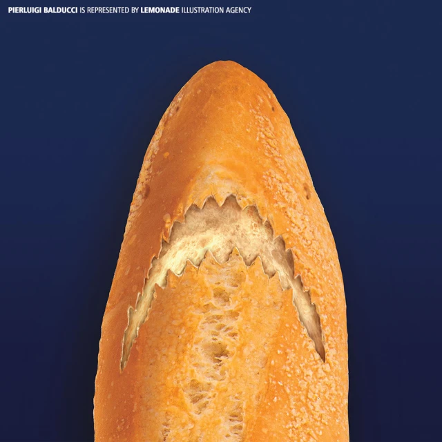 Conceptual image of bread with shark teeth cut into the crust, presented on a dark blue background, artfully crafted illustration.