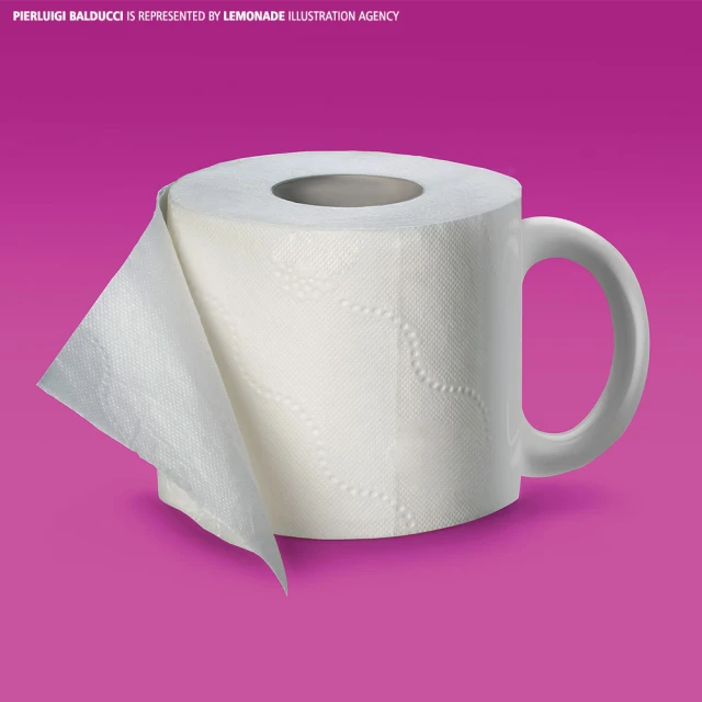 A toilet paper roll with a mug handle, creating a whimsical, hybrid object against a vibrant magenta background. Clean, graphic style.