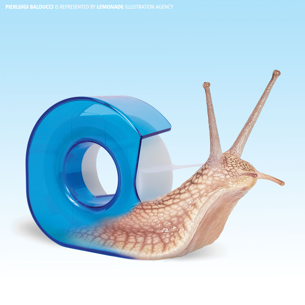 Conceptual illustration of a snail with a blue tape dispenser shell on a gradient blue and white background. 
