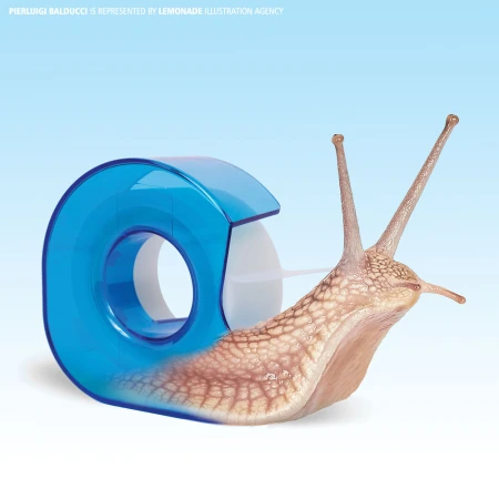 Conceptual illustration of a snail with a blue tape dispenser shell on a gradient blue and white background. 
