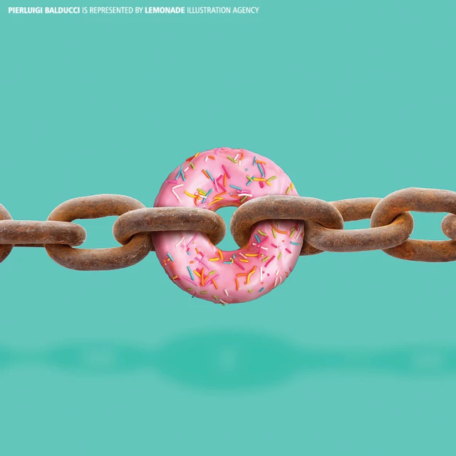 Illustration of a pink donut with sprinkles threaded through rusty chain links against a teal background, created by Lemonade Illustration Agency.