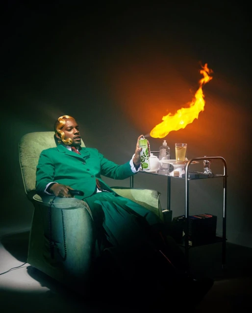 Adult male in a green suit seated and spraying fire from an aerosol can, set indoors with a side table holding assorted objects.