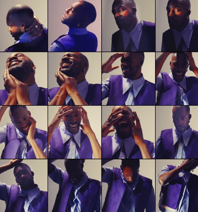 Multiple frames of a man in a purple vest and light blue shirt expressing diverse emotions, set against a neutral backdrop.