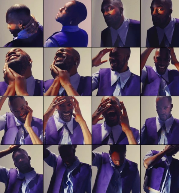 Multiple frames of a man in a purple vest and light blue shirt expressing diverse emotions, set against a neutral backdrop.