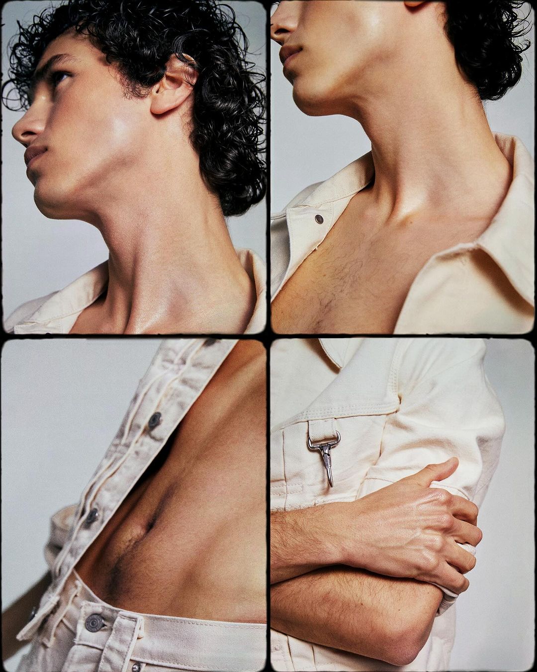 Close-up multiple exposure portrait of a slender adult male with curly dark hair, fair skin wearing a beige denim jacket.
