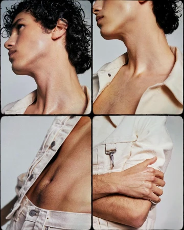 Close-up multiple exposure portrait of a slender adult male with curly dark hair, fair skin wearing a beige denim jacket.